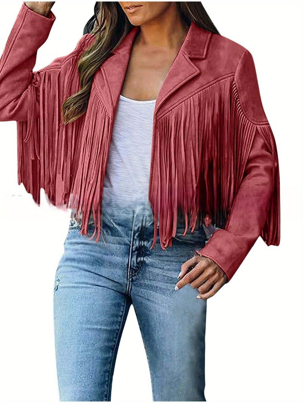 Women's Short Deerskin Jacket with Fringe Hem & Tassel Trim - Slim-Fit T-Shaped Silhouette, Zipper Closure, Round Neck Casual Coat for Spring/Fall (Hand Washable) - Grey/Black/Brown - Versatile Outerwear for Jeans & Dresses,