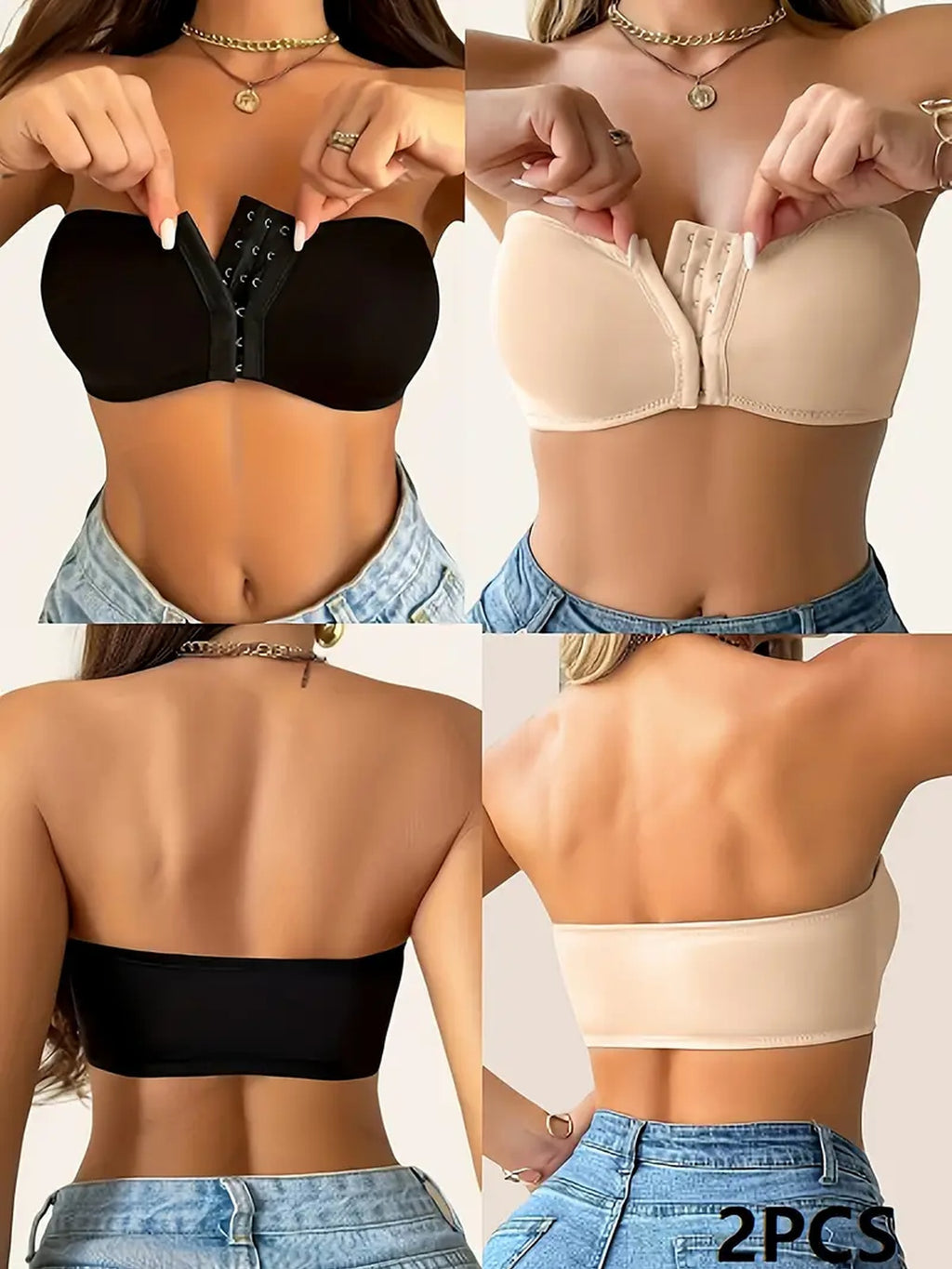 [Strapless Bustier Bras] 2pcs CELILIN Strapless Bustier Bras - Invisible Under Clothing, Medium Support & Coverage, Elastic Comfort Fit for Strapless/Off-Shoulder Dresses, Hiking & Outdoor Activities, Black & Beige, Daily Wea