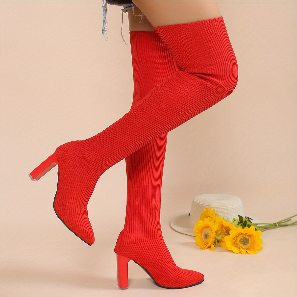 Women's Solid Color Long Boots, Slip On Point Toe Stiletto Heel Elastic Slim Over Knee Boots, Versatile Comfy Knit Shoes