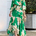 Plus Size - Plus Size - Plus Size, Women'S Elegant Plus Size Floral Print Maxi Dress with Puffed Lantern Sleeves - High Waist A-Line Silhouette, V-Neck Long Dress in Emerald Green & Beige, All-Season Formal & Semi-Formal Occa