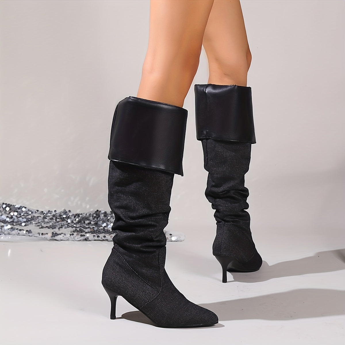 Women's Denim Stiletto Long Boots, Folding Design Slouch Knee High Boots, Fashion Slip On High Heeled Boots