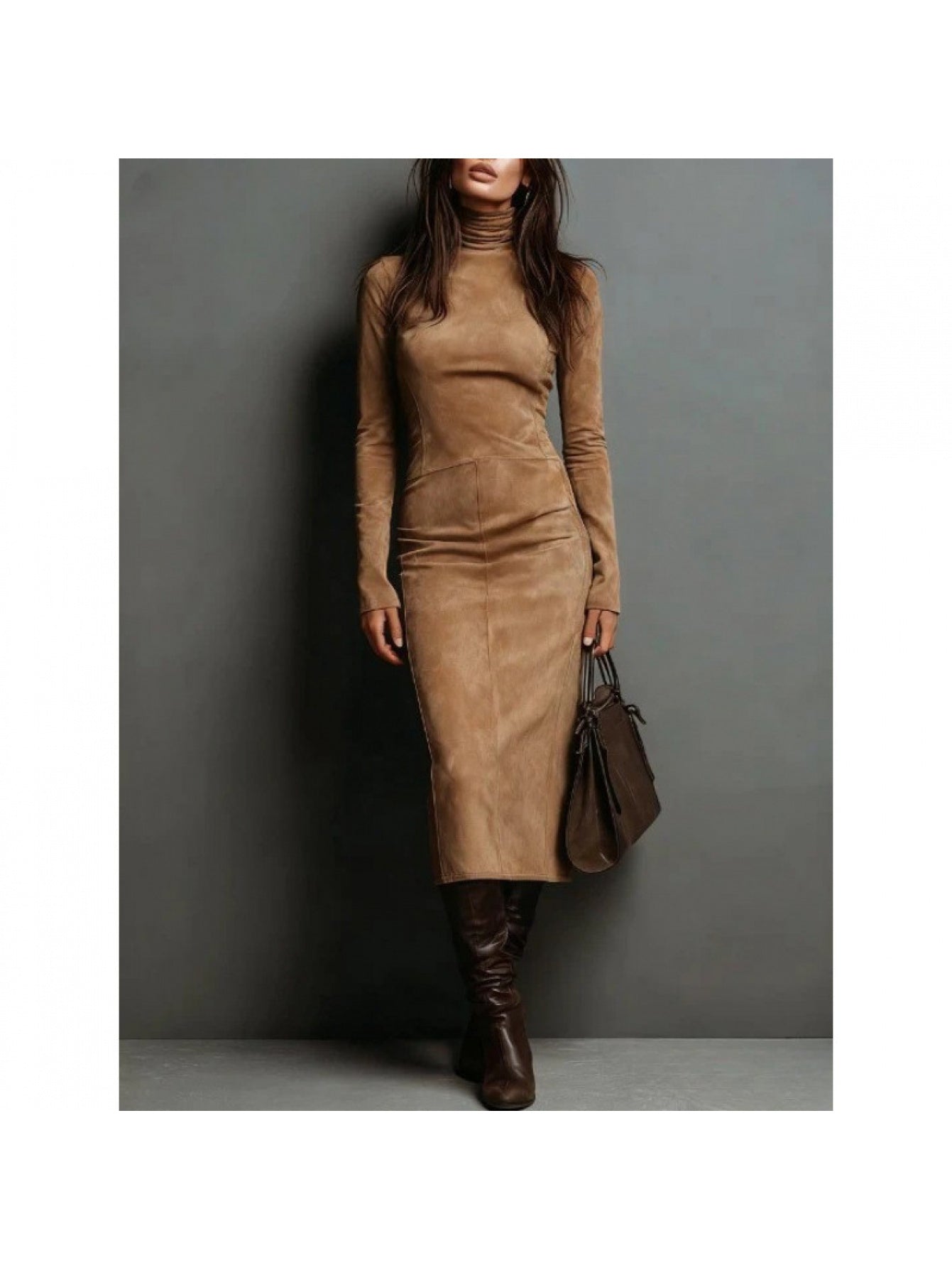 Women's Fall/Winter Sexy Elegant Retro High Neck Bodycon Dress - Long Sleeve Fitted Skirt, Solid Color Base Dress for Dresses, Machine Washable Winter Wardrobe Essential (No Undergarment Visibility)
