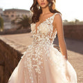 New Lace Wedding Dress - Sleeveless Deep V-Neck A-Line Train Mermaid/ Floor-Length Evening Gown with Asymmetrical Hem & Lace Paneling, Machine Washable - Elegant White/ Floor-Length Formal Evening Dres