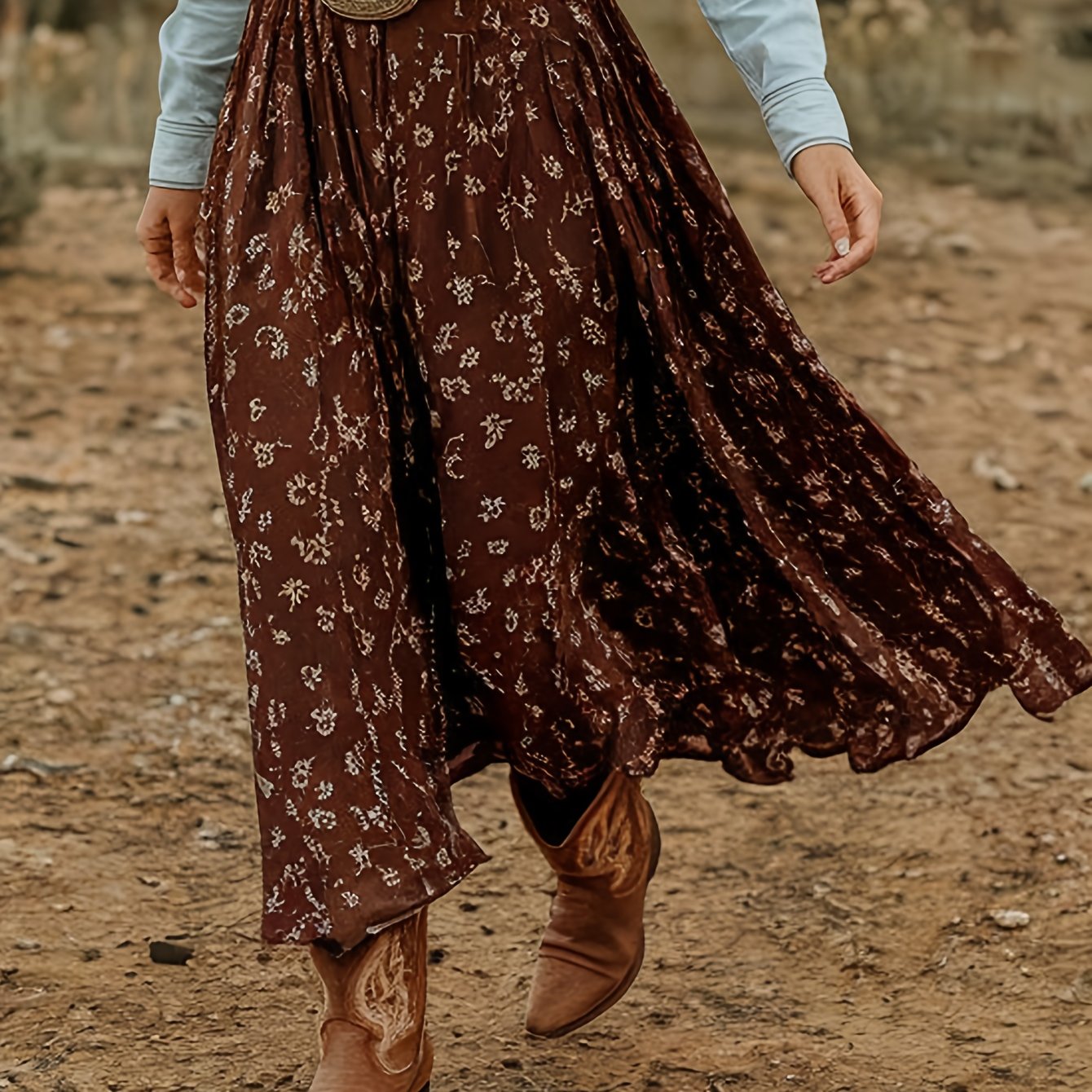 Women's Vintage Western Denim High-Waist Skirt - Small Floral print ( bloom/neutral tones) - Machine Washable Fall Winter Elegant Half-Skirt for Parties, Photoshoots, Daily Outfits - Retro Denim Style for Dresses converted to