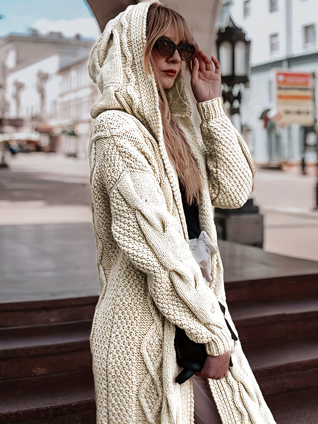 Women's Light Pink Soft Ribbed Cardigan Sweater - Hooded V-Neck Long Sleeve Open Front with White Piping Trim, Cozy Fall Winter Layering Jacket for Blouses/Dresses, Casual Indoor/Outdoor Wear, Hand Washable Sweater