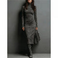 Women's Fall/Winter Sexy Elegant Retro High Neck Bodycon Dress - Long Sleeve Fitted Skirt, Solid Color Base Dress for Dresses, Machine Washable Winter Wardrobe Essential (No Undergarment Visibility)