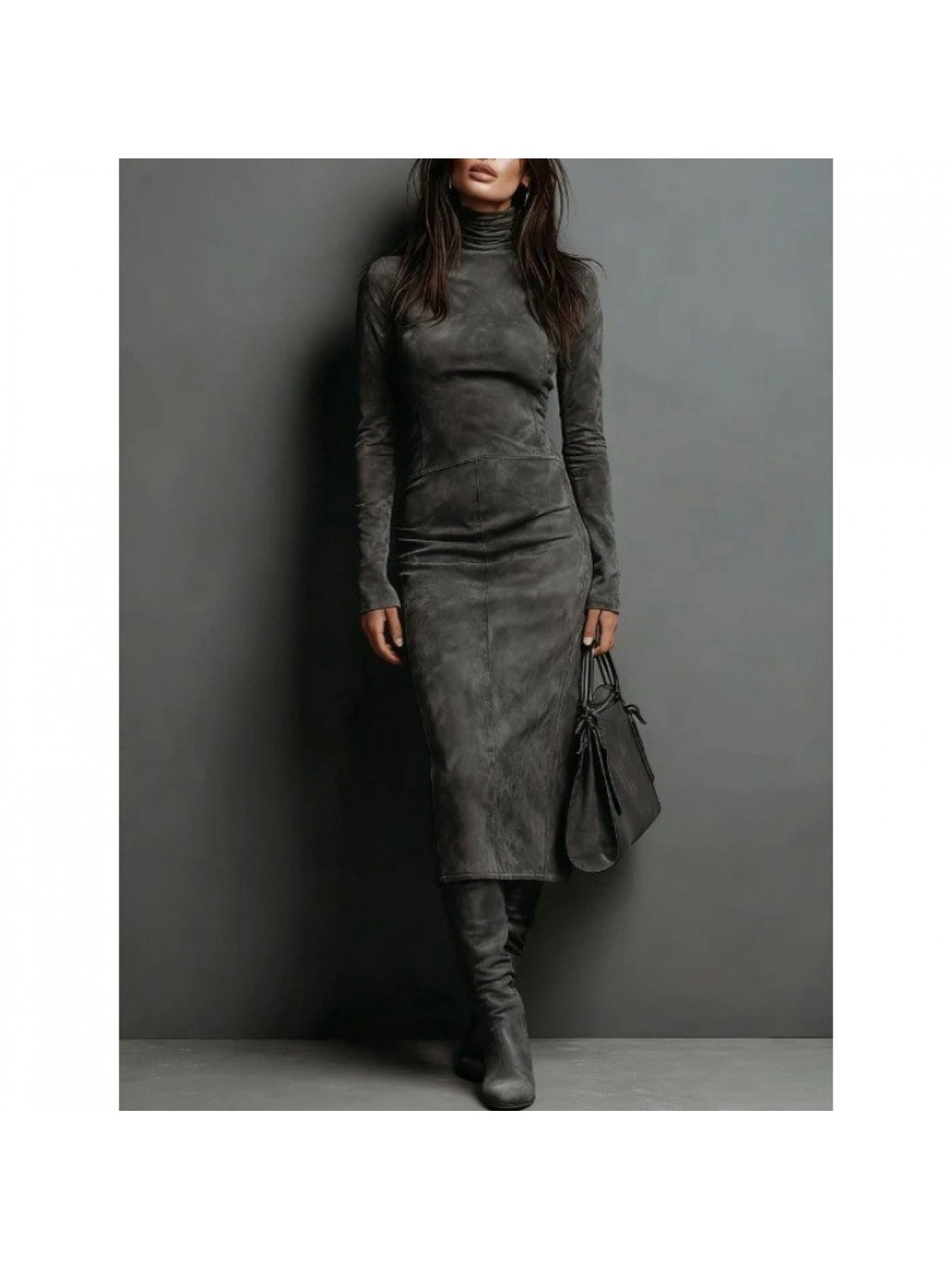 Women's Fall/Winter Sexy Elegant Retro High Neck Bodycon Dress - Long Sleeve Fitted Skirt, Solid Color Base Dress for Dresses, Machine Washable Winter Wardrobe Essential (No Undergarment Visibility)