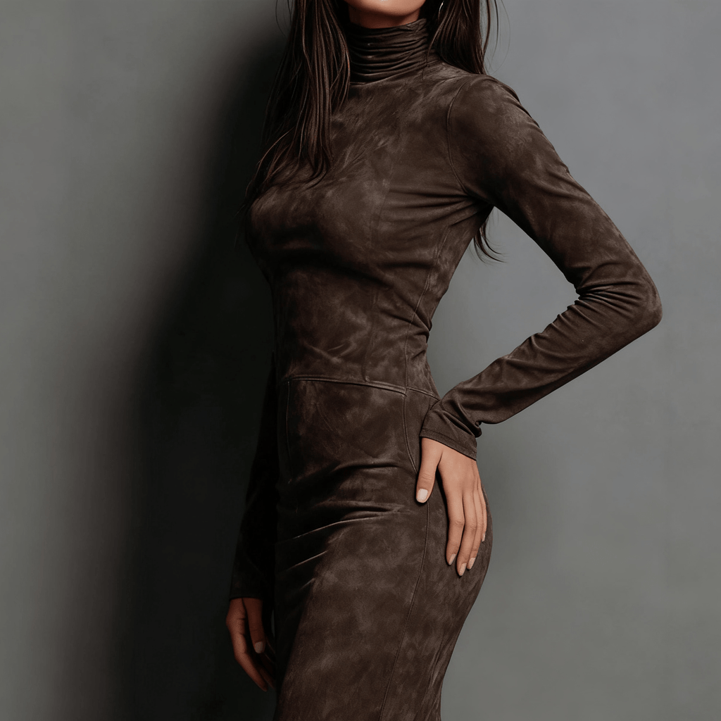 Women's Fall/Winter Sexy Elegant Retro High Neck Bodycon Dress - Long Sleeve Fitted Skirt, Solid Color Base Dress for Dresses, Machine Washable Winter Wardrobe Essential (No Undergarment Visibility)