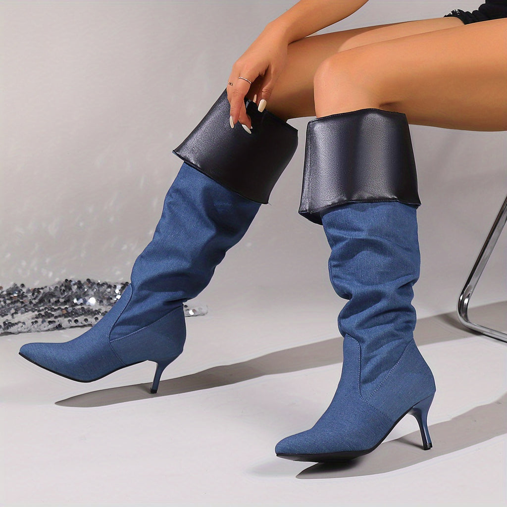Women's Denim Stiletto Long Boots, Folding Design Slouch Knee High Boots, Fashion Slip On High Heeled Boots