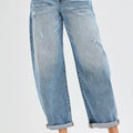 RISEN Full Size Slouchy Ankle Length Barrel Jeans with Cuffs Plus Size
