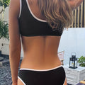 Bikini Scoop Neck Contrast Trim 2 Piece Swimsuit for Women – High Stretch Casual Bikini Set with Scallop Edge Detail and Matching Swim Briefs – Stylish Solid Color Swimwear for Beach Days Pool Lounging and Summer Vacations