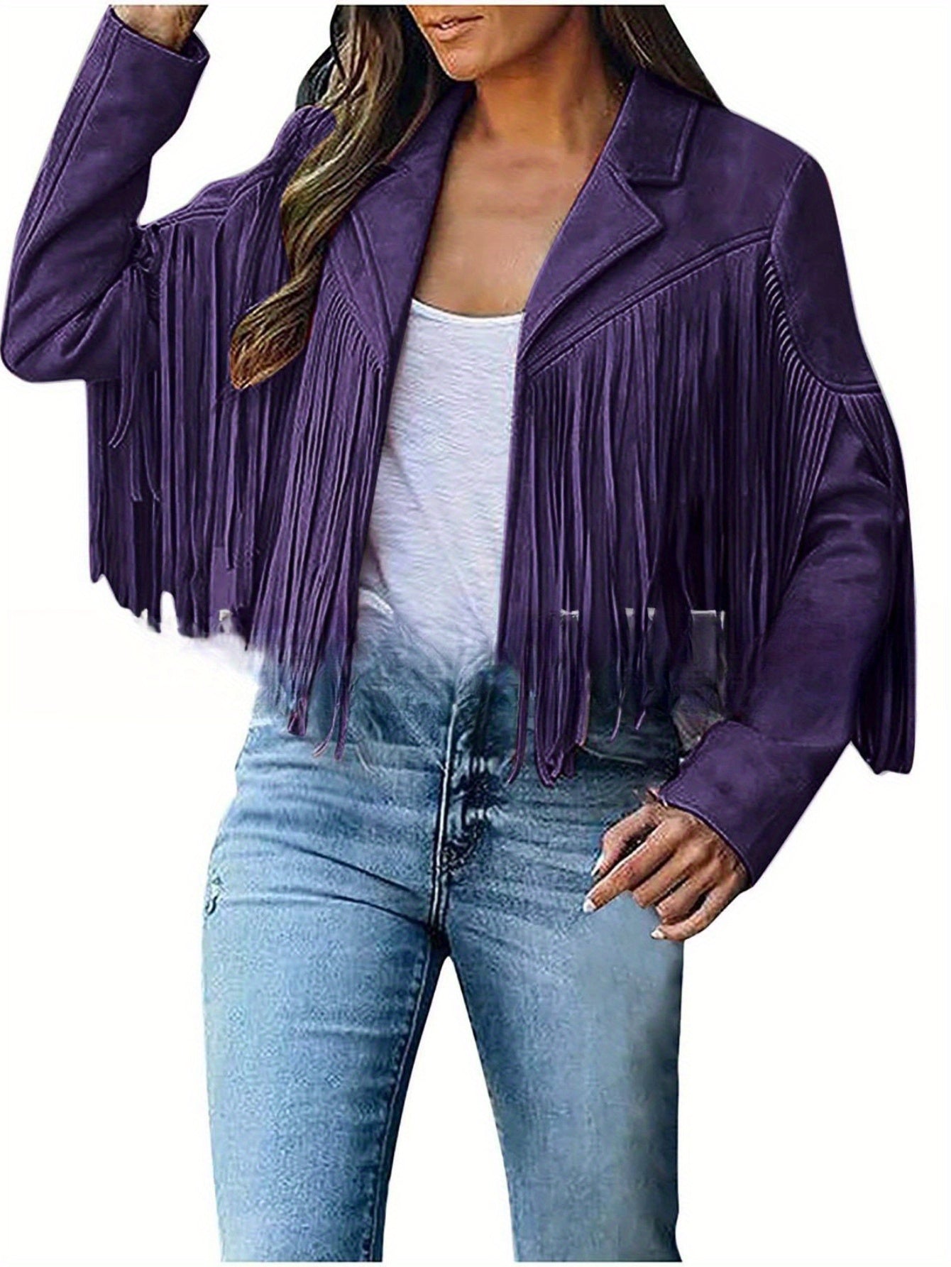 Women's Short Deerskin Jacket with Fringe Hem & Tassel Trim - Slim-Fit T-Shaped Silhouette, Zipper Closure, Round Neck Casual Coat for Spring/Fall (Hand Washable) - Grey/Black/Brown - Versatile Outerwear for Jeans & Dresses,