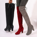 [Elegant Boots] Elegant Women's Boots, Classic Solid Color Chunky Heel Over-the-Knee Boots | Inexpensive Dark Black Slip-On Long Boots, Cute Gift for Mom