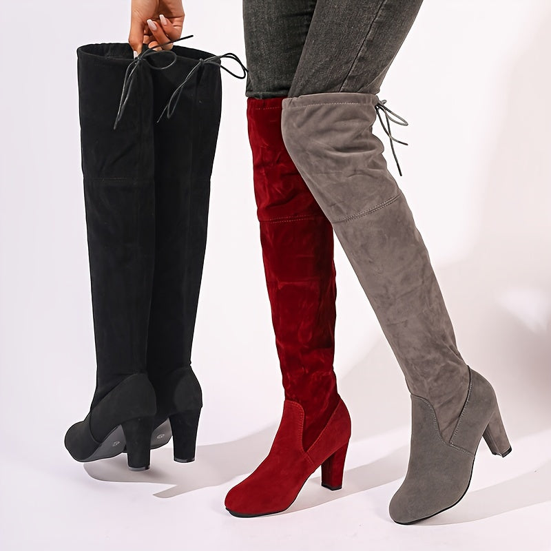 [Elegant Boots] Elegant Women's Boots, Classic Solid Color Chunky Heel Over-the-Knee Boots | Inexpensive Dark Black Slip-On Long Boots, Cute Gift for Mom