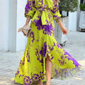 Plus Size - Plus Size - Plus Size, Women'S Elegant Plus Size Floral Print Maxi Dress with Puffed Lantern Sleeves - High Waist A-Line Silhouette, V-Neck Long Dress in Emerald Green & Beige, All-Season Formal & Semi-Formal Occa