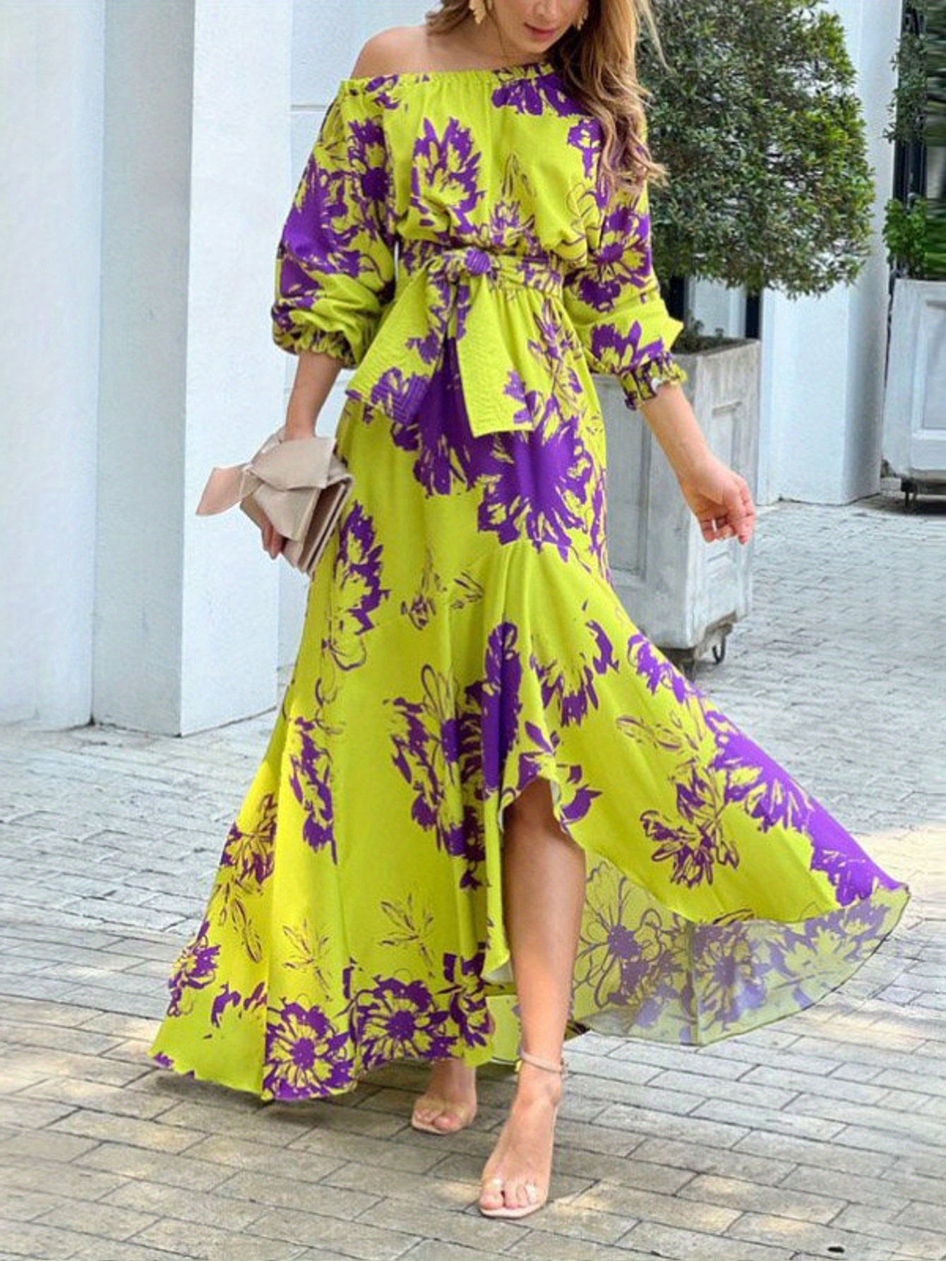 Plus Size - Plus Size - Plus Size, Women'S Elegant Plus Size Floral Print Maxi Dress with Puffed Lantern Sleeves - High Waist A-Line Silhouette, V-Neck Long Dress in Emerald Green & Beige, All-Season Formal & Semi-Formal Occa