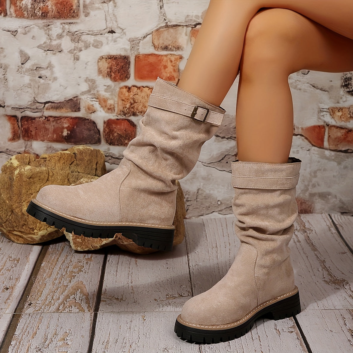 Women's Plus-Size -Like Slingback Boots - British Riding & Western Cowboy Boots with Thick Rubber Sole, Round Toe & Buckle Strap Closure - All-Season Khaki Short Boots (Hand Washable) for Jeans, Dresses & Casual Outfits