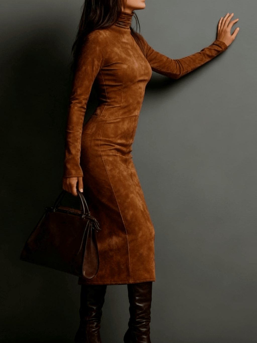 Women's Fall/Winter Sexy Elegant Retro High Neck Bodycon Dress - Long Sleeve Fitted Skirt, Solid Color Base Dress for Dresses, Machine Washable Winter Wardrobe Essential (No Undergarment Visibility)