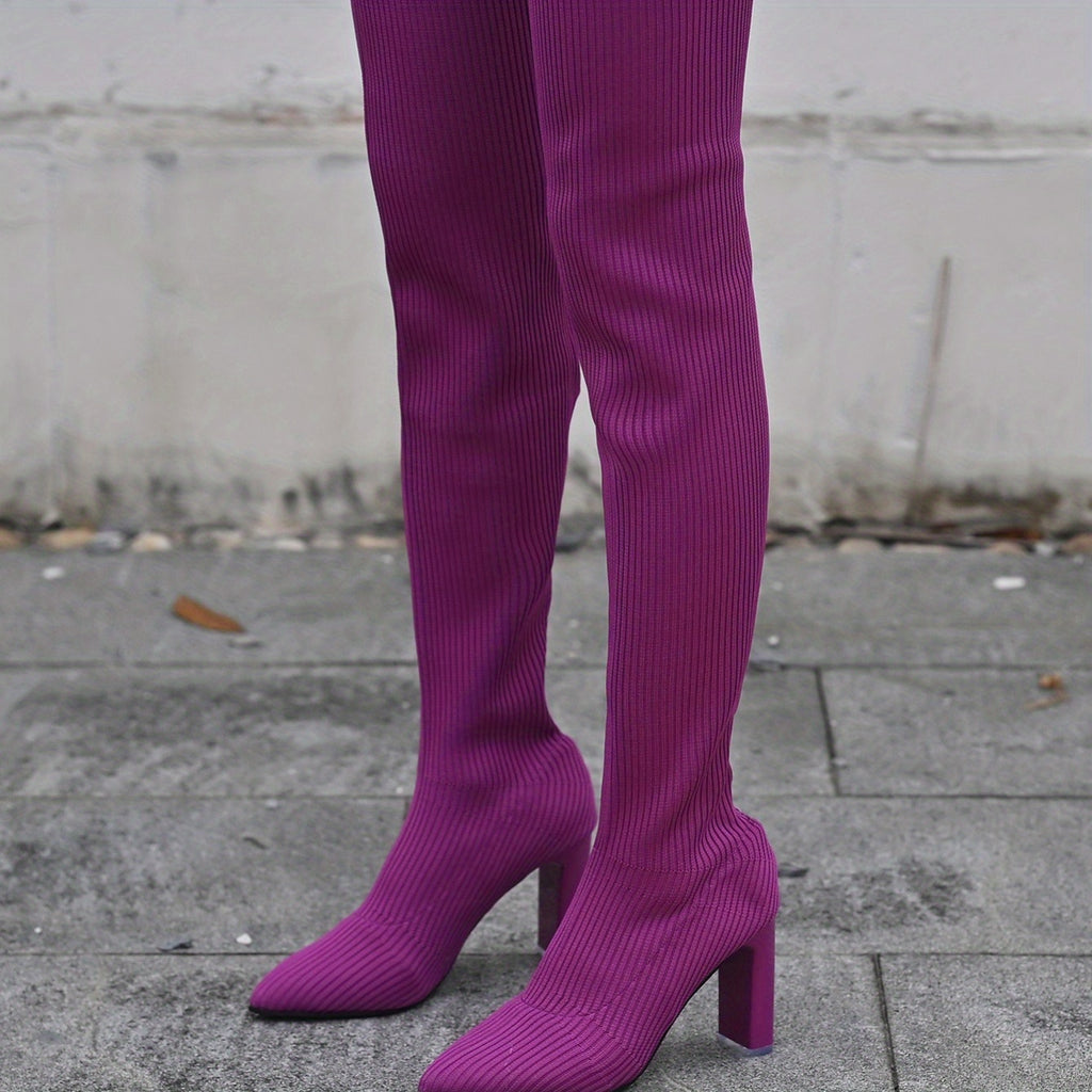 Women's Solid Color Long Boots, Slip On Point Toe Stiletto Heel Elastic Slim Over Knee Boots, Versatile Comfy Knit Shoes