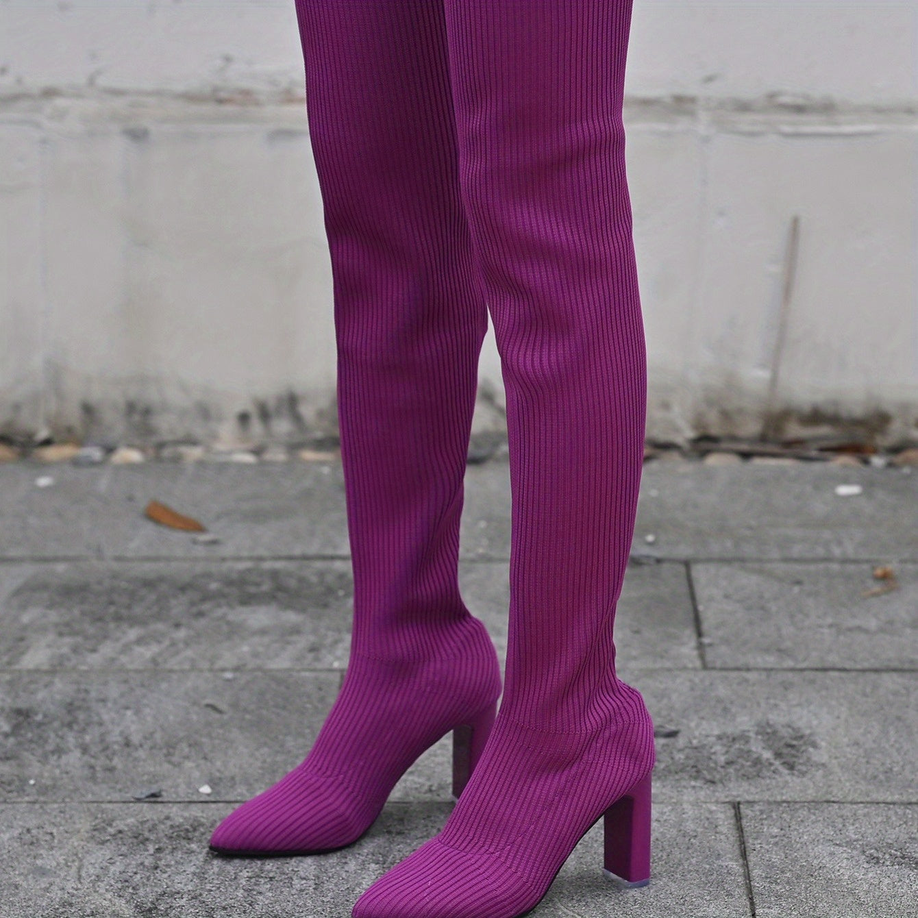 Women's Solid Color Long Boots, Slip On Point Toe Stiletto Heel Elastic Slim Over Knee Boots, Versatile Comfy Knit Shoes
