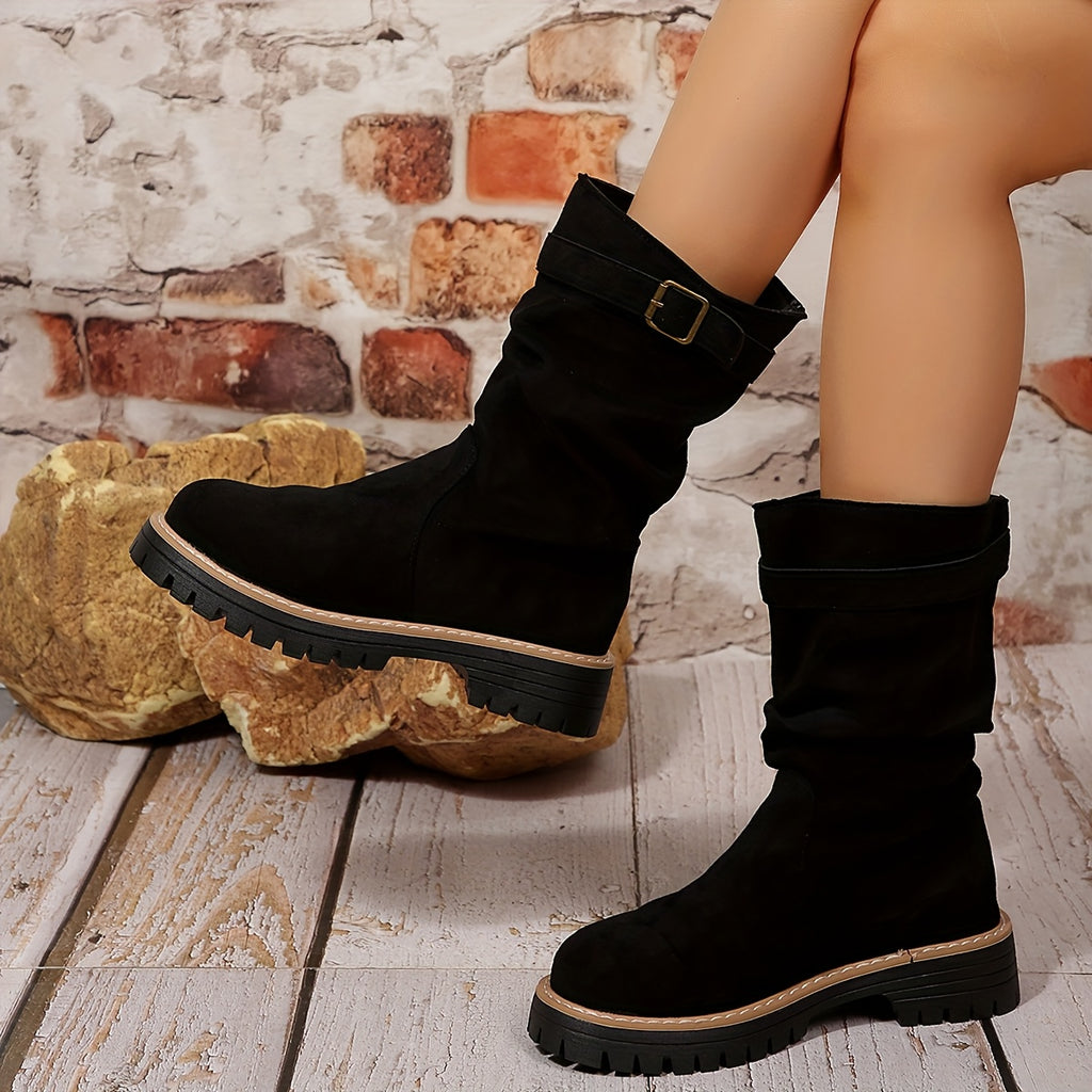 Women's Plus-Size -Like Slingback Boots - British Riding & Western Cowboy Boots with Thick Rubber Sole, Round Toe & Buckle Strap Closure - All-Season Khaki Short Boots (Hand Washable) for Jeans, Dresses & Casual Outfits