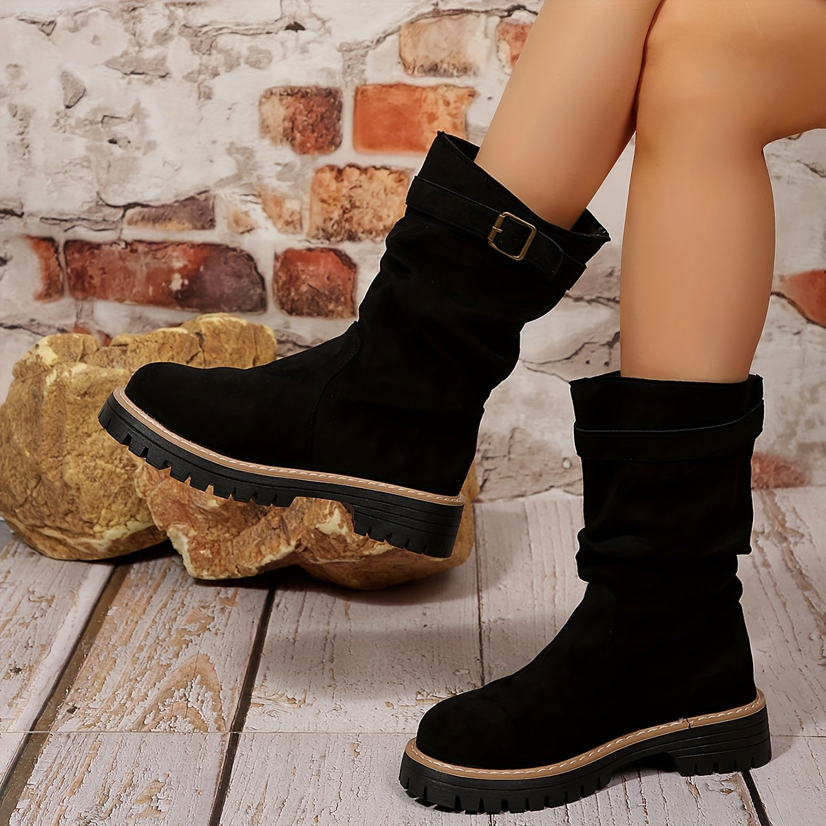Women's Plus-Size -Like Slingback Boots - British Riding & Western Cowboy Boots with Thick Rubber Sole, Round Toe & Buckle Strap Closure - All-Season Khaki Short Boots (Hand Washable) for Jeans, Dresses & Casual Outfits