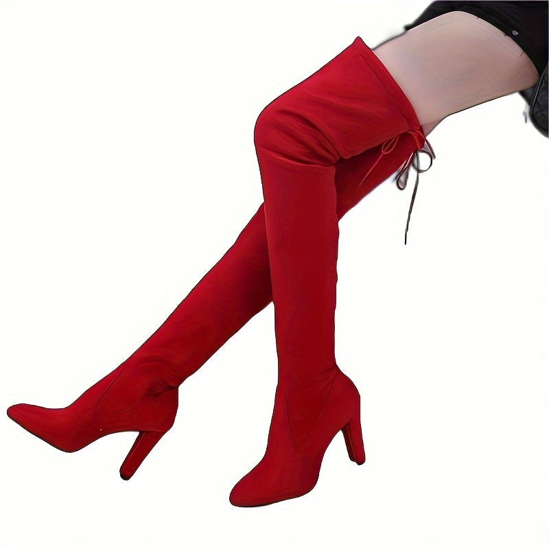 [Elegant Boots] Elegant Women's Boots, Classic Solid Color Chunky Heel Over-the-Knee Boots | Inexpensive Dark Black Slip-On Long Boots, Cute Gift for Mom