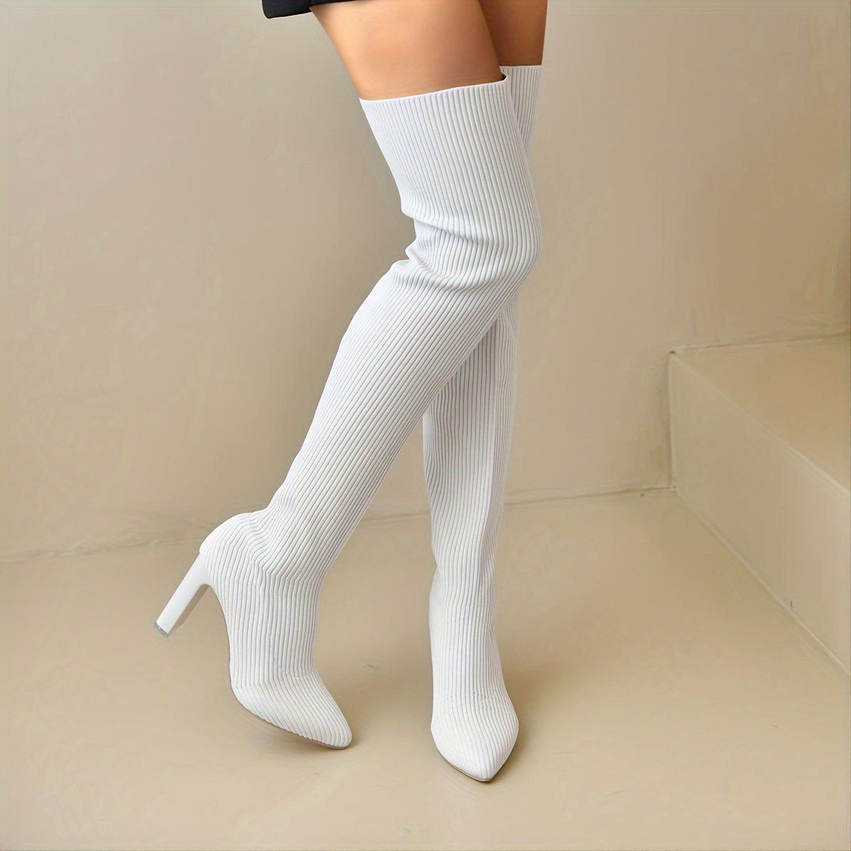 Women's Solid Color Long Boots, Slip On Point Toe Stiletto Heel Elastic Slim Over Knee Boots, Versatile Comfy Knit Shoes