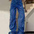 Vintage-Inspired Blue Star Wide-Leg Jeans - All-Season Comfort, Embroidered Geometric Design, Easy-Care Women's Denim Pants