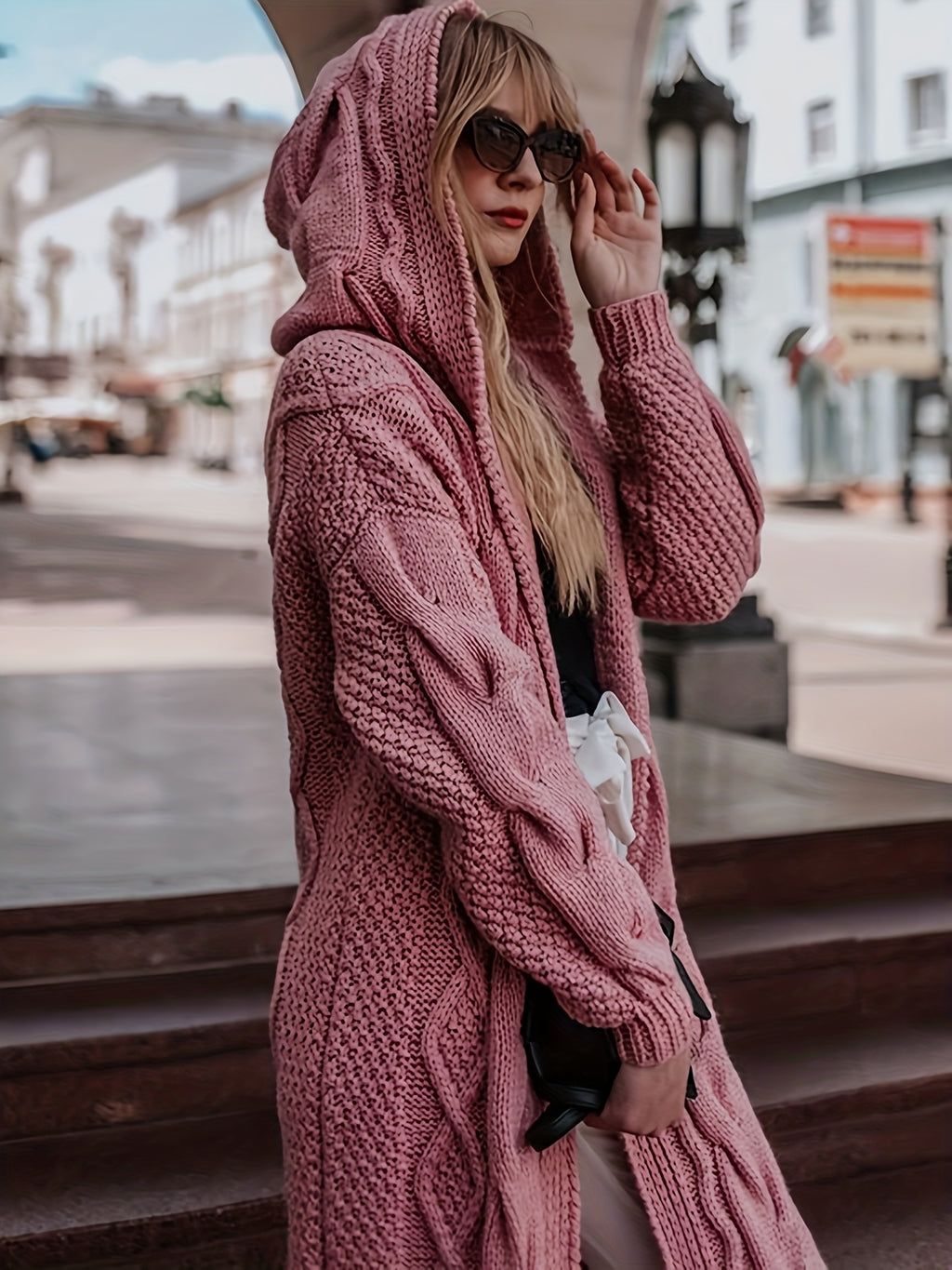 Women's Light Pink Soft Ribbed Cardigan Sweater - Hooded V-Neck Long Sleeve Open Front with White Piping Trim, Cozy Fall Winter Layering Jacket for Blouses/Dresses, Casual Indoor/Outdoor Wear, Hand Washable Sweater