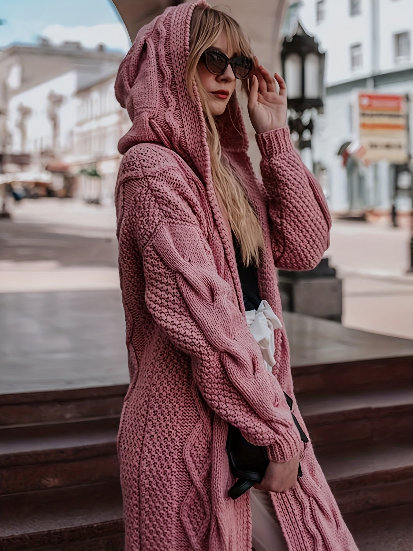 Women's Light Pink Soft Ribbed Cardigan Sweater - Hooded V-Neck Long Sleeve Open Front with White Piping Trim, Cozy Fall Winter Layering Jacket for Blouses/Dresses, Casual Indoor/Outdoor Wear, Hand Washable Sweater